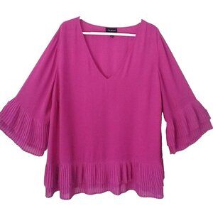 Lane Bryant Blouse Deep Pink Perma-Pleat Hem Semi-Sheer 3/4 Sleeve Tunic - 18/20